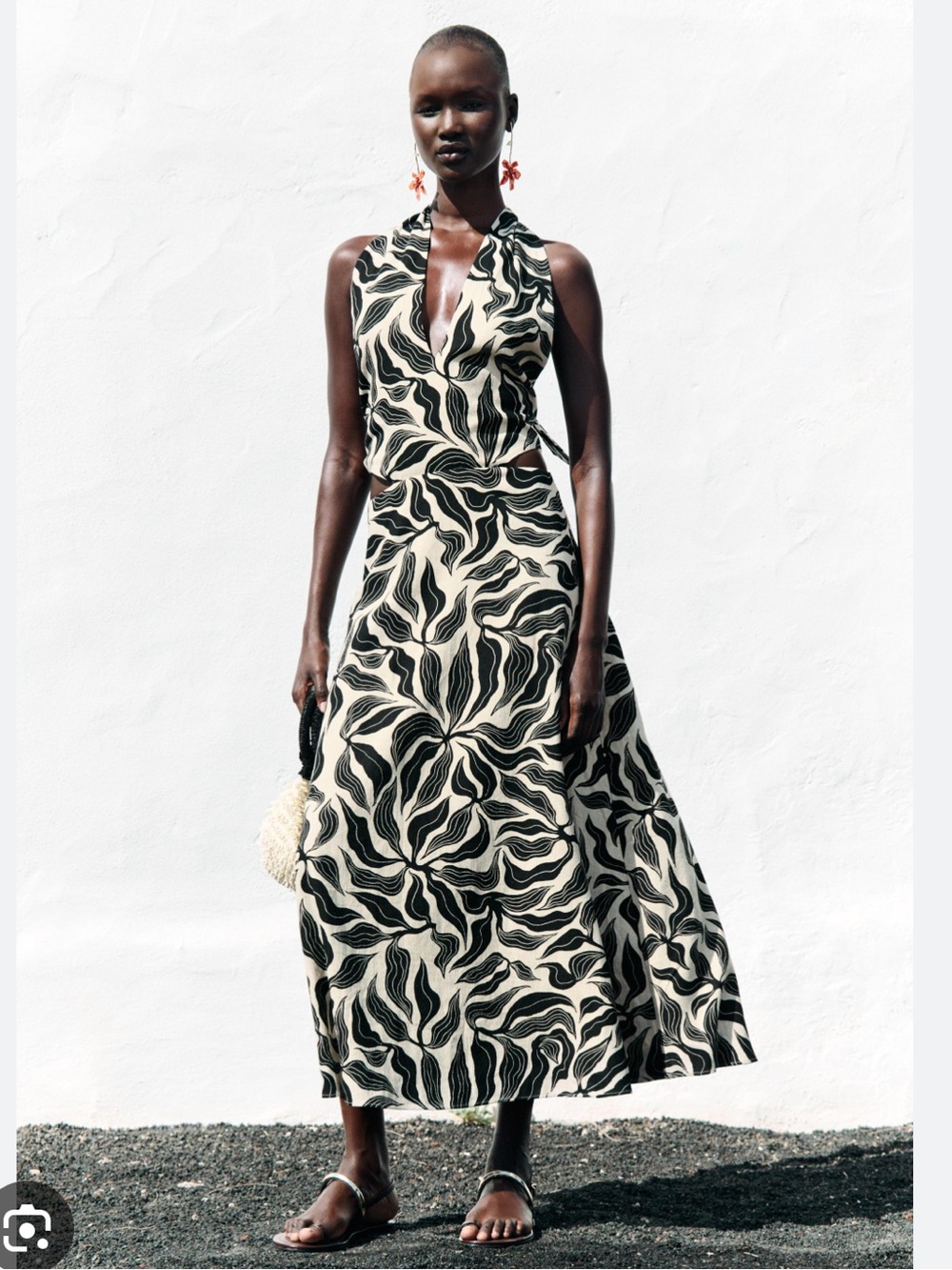 ZARA Black & Cream Halter Linen Blend Cut Out Midi Dress with Leaf Print | M